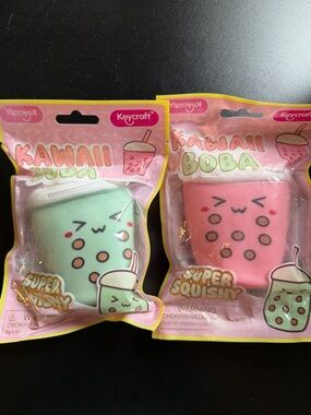 New Lot of 2 Kawaii Boba Pink & Green Bubble Tea Crunchy Squishy Sensory Toy